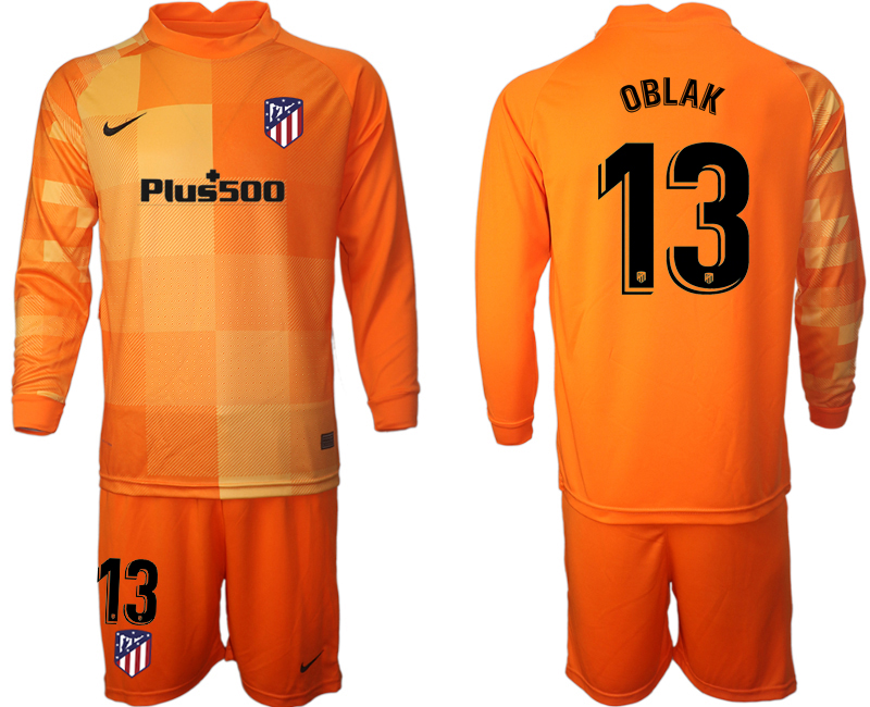 Men 2021-2022 Club Atletico Madrid orange red goalkeeper Long Sleeve #13 Soccer Jersey